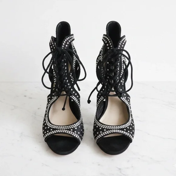 Sophia Webster Satin Crystal Embellished Lace-Up Black Strappy Heels Size 7 / 37